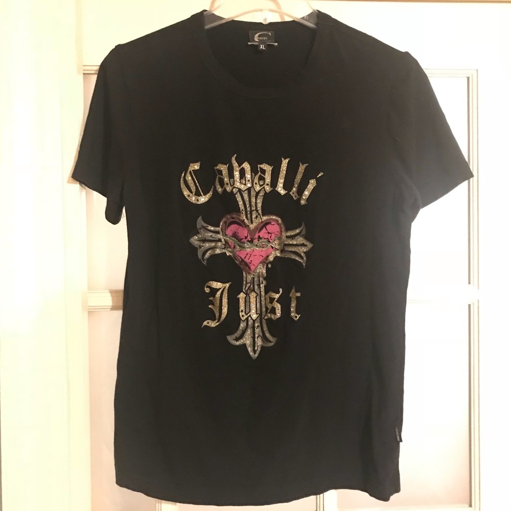 JUST CAVALLI Heart Cross Metallic Gold Tee Top XL